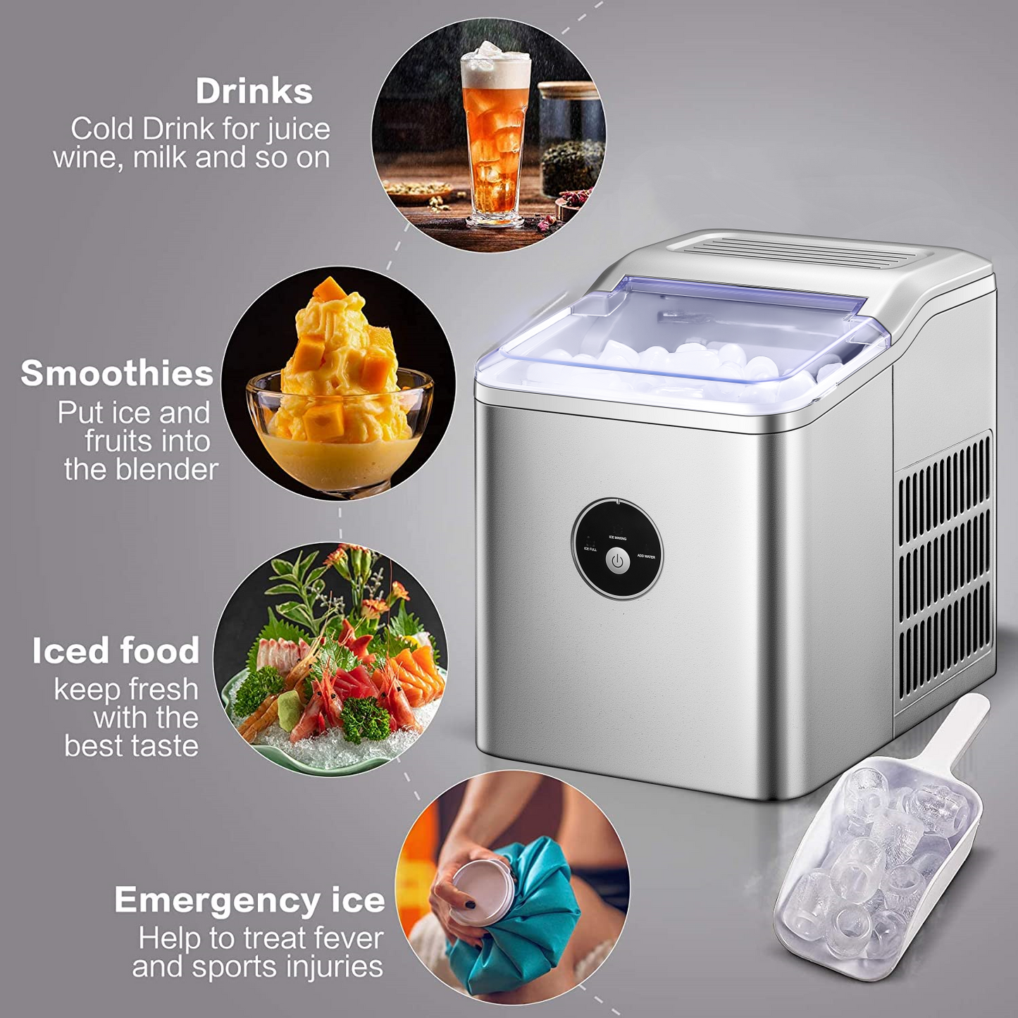 Ice Maker Machine Countertop, 28lbs/24H, 9 Bullet Ice Cubes Ready in 5 Mins, Portable Ice Maker with Basket and Scoop, for Home/Kitchen/Camping/RV (Silver)