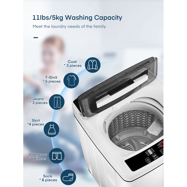 Portable Washing Machine, 1.54 cu.ft Full-automatic Washing Machine and Dryer with 8 Washing Programs, Compact Size Ideal for Dorms, Apartment, Camping and RV, Hoses for 2 Water-taps Included, White