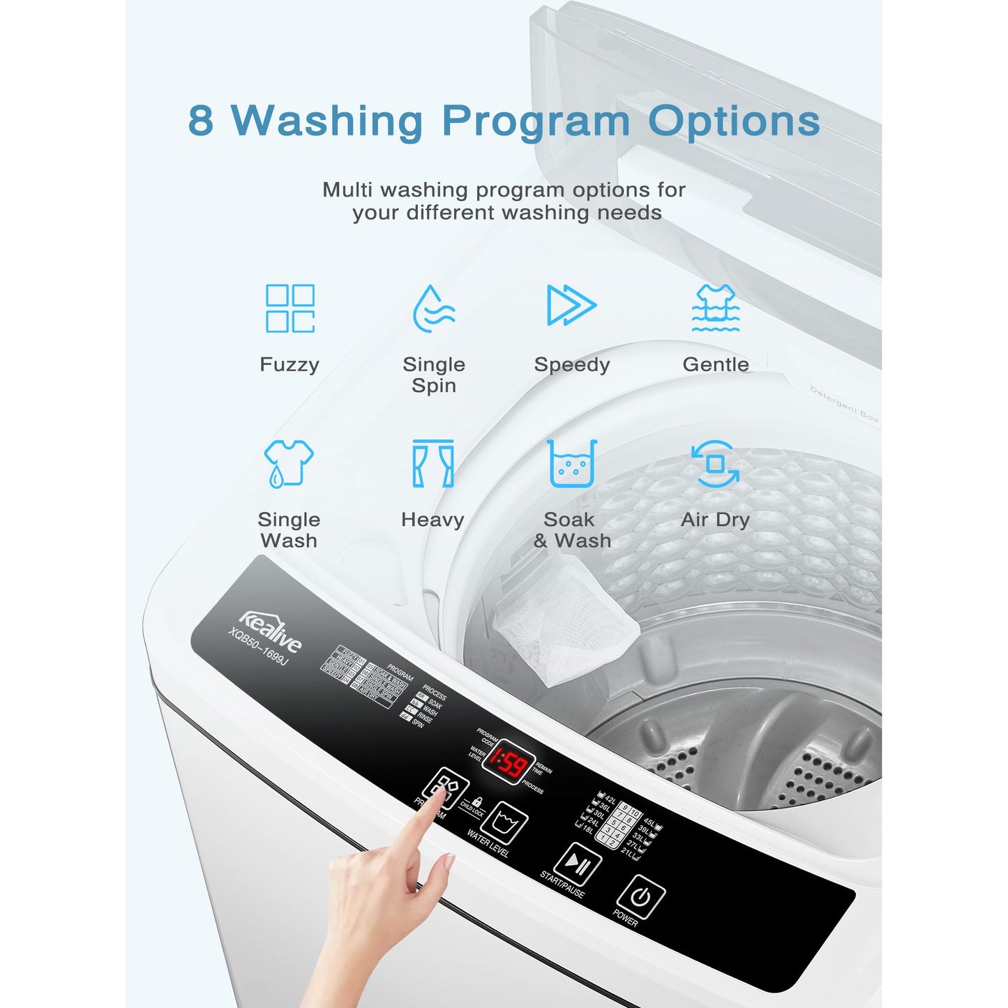 Kealive Full Automatic Washing Machine, 1.5Cu.Ft 11lbs Capacity Portable Machine, 8 Programs 10 Water Levels Energy Saving Top Load Washer for Apartment Dorm