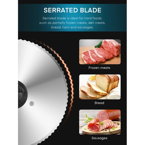 Meat Slicer, AICOOK Kitchen Pro 200W Electric Deli Food Slicer with Two 7.5'' Blade(Serrated & Smooth) for Home Use, Precise 0-15mm Adjustable Thickness for Meat, Cheese, Bread, Include Food Pusher