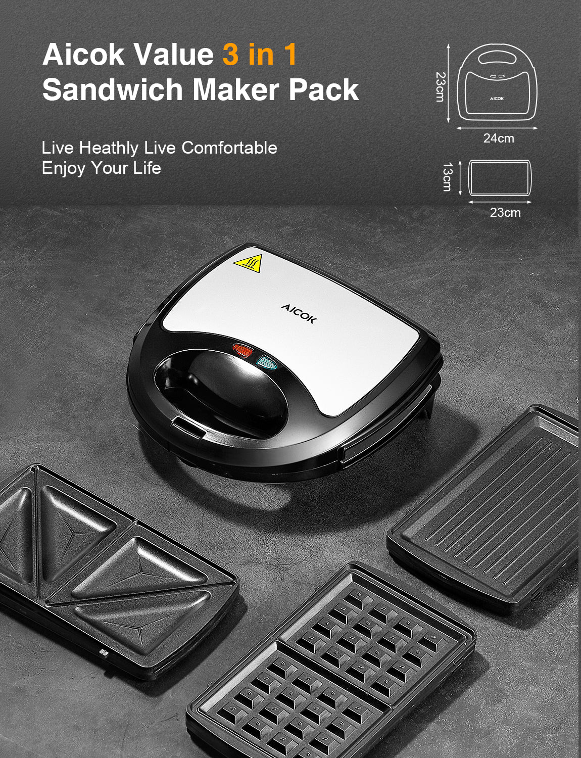 Sandwich Maker, Waffle Maker, Electric Panini Press Grill, 3-in-1 Detachable Non-Stick Plates, LED Indicator Lights, Cool Touch Handle, Anti-Skid Feet, Easy to Clean & Dishwasher Safe, Compact and Portable