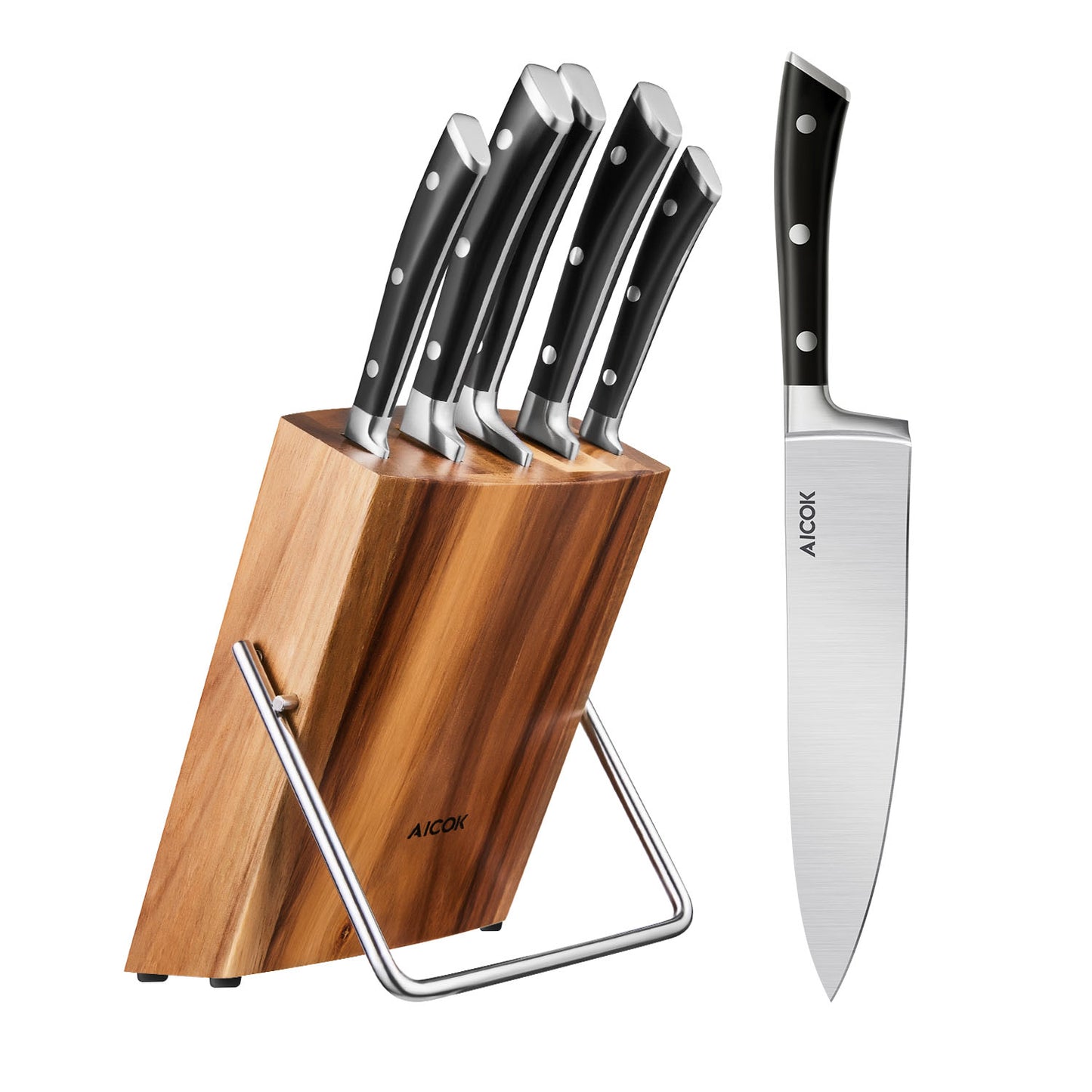 AICOK Kitchen Knife Set, German Stainless Steel Knife Block Set, 6 pcs Small Knife Set with Wooden Block