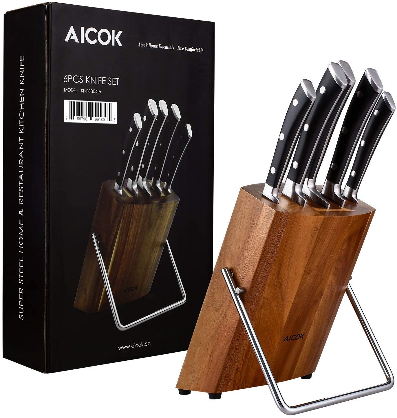 AICOK Kitchen Knife Set, German Stainless Steel Knife Block Set, 6 pcs Small Knife Set with Wooden Block
